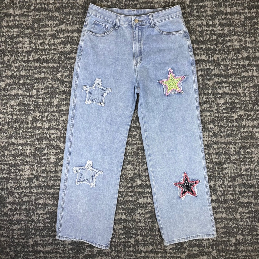 Star Patch Jeans Women Large Light Blue Y2K Beaded Straight Leg Denim